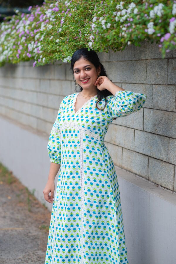 MALLI SOFT OFF-WHITE & GREEN FLORAL DRESS