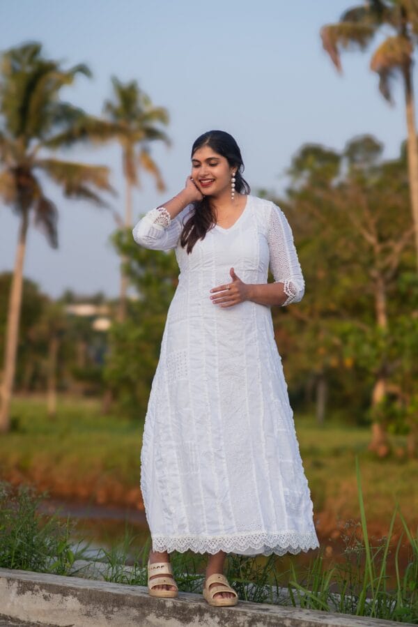 ELSA LACE EMBELLISHED HAKOBA COTTON WHITE DRESS