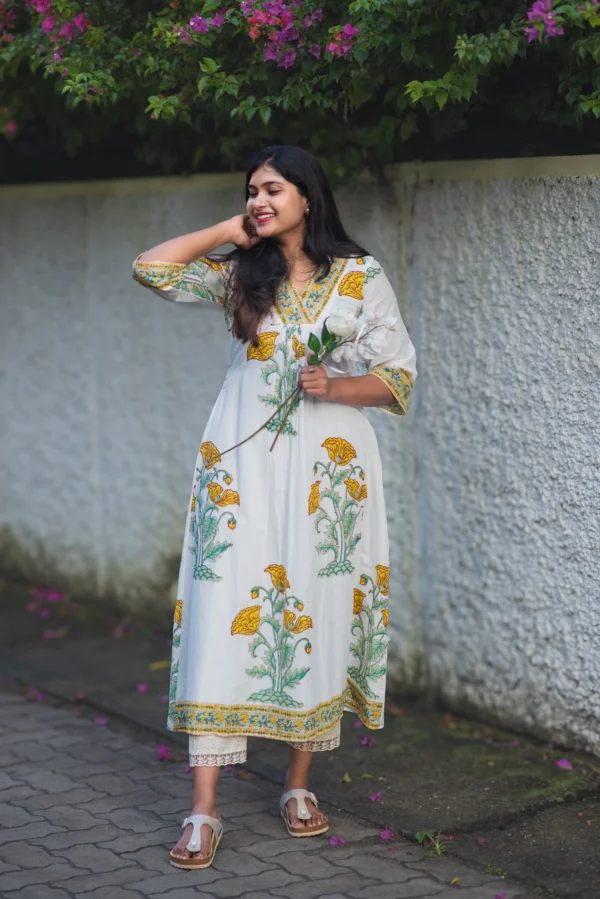 BLOOMÉ YELLOW & WHITE MUGHAL HANDBLOCK COTTON DRESS