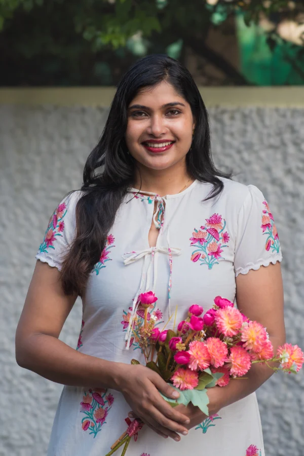 ROSELLE PINK HANDBLOCK PRINTED MUL COTTON DRESS