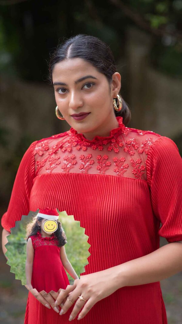 CHERRY & MINI CHERRY RED PLEATED LYCRA MOM & DAUGHTER COMBO DRESS