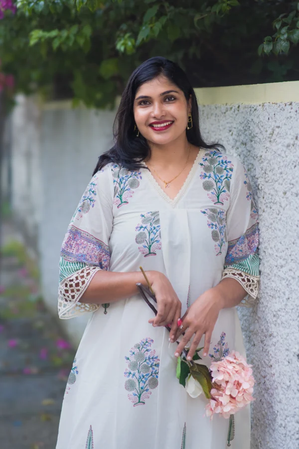 NOORA NATURE INSPIRED PINE HANDBLOCK PRINTED MUL COTTON DRESS