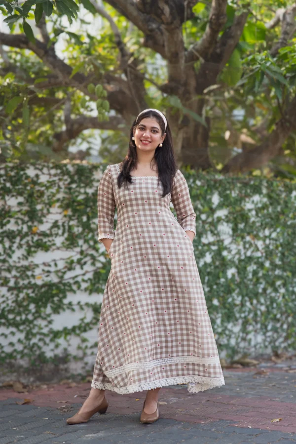 NOOR COCOA BROWN CHECKED HEART PRINT CHANDERI COTTON SUMMER DRESS