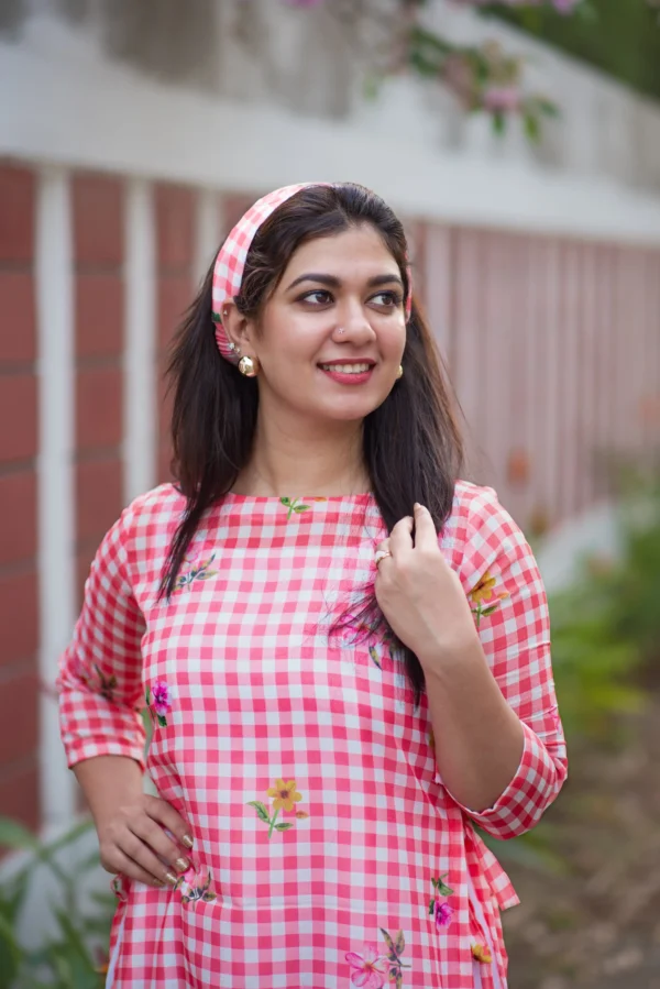 LAYA RED FLORAL CHECKED SOFT CHANDERI COTTON 3-PIECE SUMMER DRESS SET