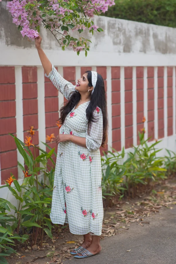 ELAI GREEN FLORAL CHECKED GEORGETTE SUMMER DRESS