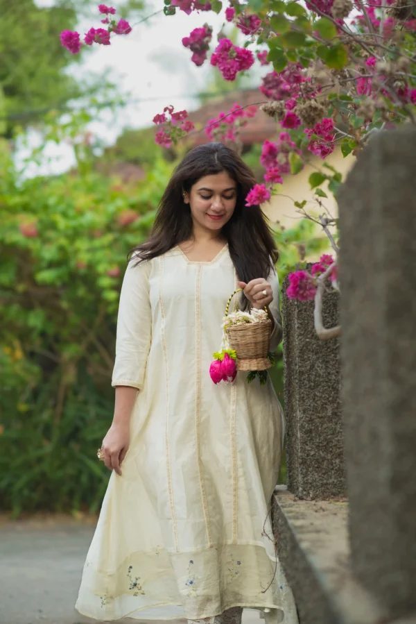 CHANDRA OFF WHITE PURE MUL CHANDERI 4 PANEL CUT KURTI DRESS