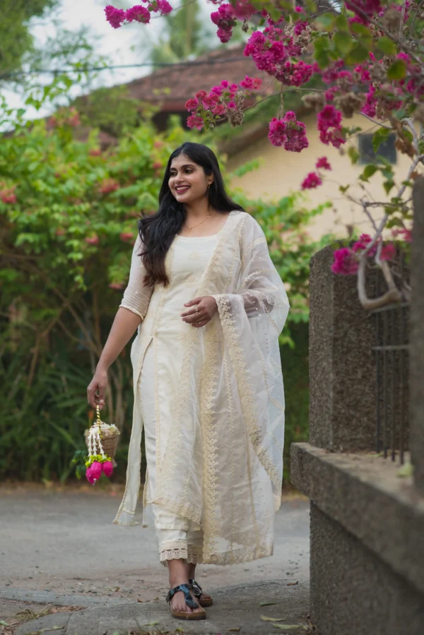 KAYA OFF WHITE SELF EMBROIDERED PURE MUL CHANDERI 4 SLIT TOP WITH STRAIGHT PANTS