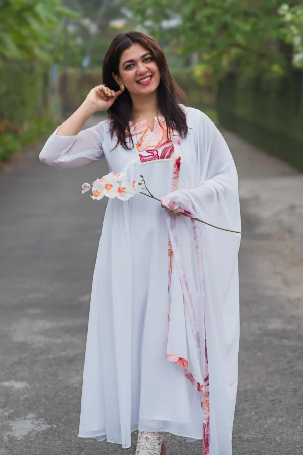 VENNILA WHITE PURE GEORGETTE TOP WITH DUPATTA AND HANDWORKED YOKE DETAILING