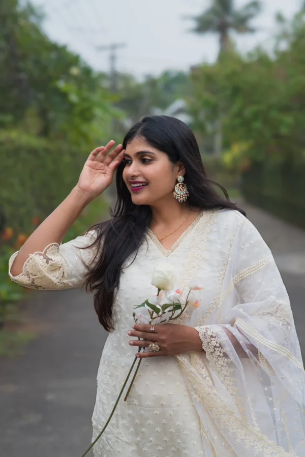 PADMA OFF WHITE LOTUS EMBROIDERED SLIT TOP IN PURE VISCOSE ORGANZA