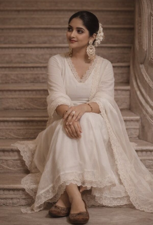 AHAANA OFF WHITE PREMIUM MUL CHANDERI TOP BOTTOM & DUPATTA SET WITH ALL OVER SCALLOPED LACE DETAILING